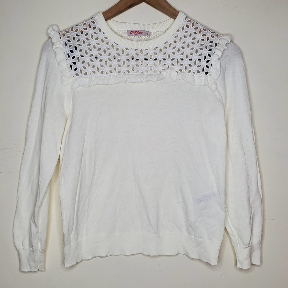 Cath Kidston White Lace Ruffle Crew Neck Lightweight Sweater, sz S
